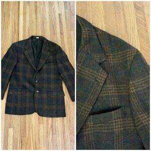 Vintage brown wool checkered blazer with maroon and green stripes, 42R